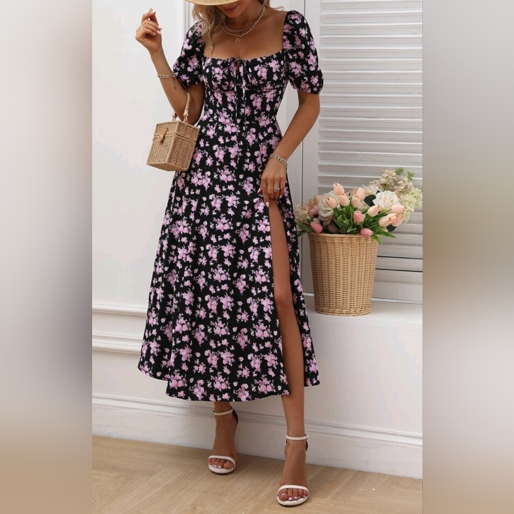 NEW Boho Floral Print Milkmaid Tie Midi Dress Black - Picture 4 of 8